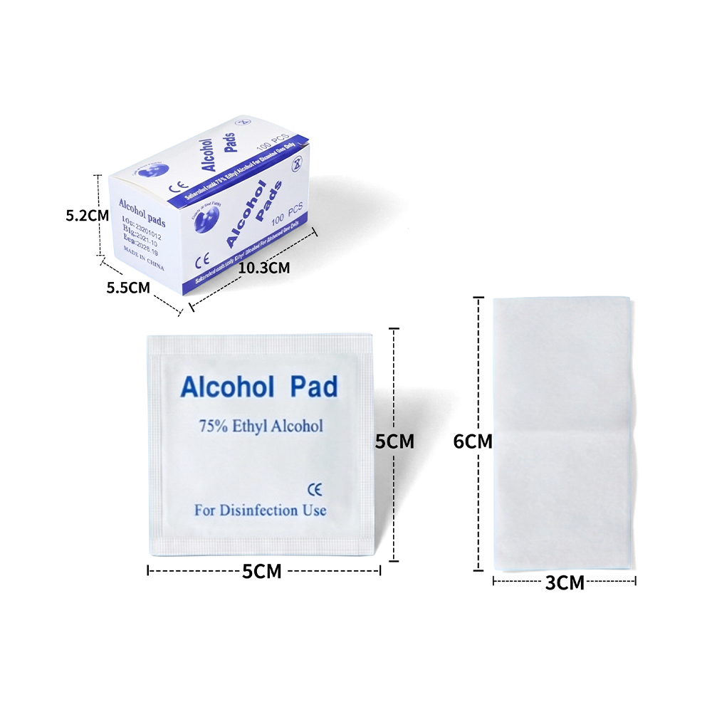 100 kpl/laatikko 3 cm x 6 cm iso yksittäin kääritty 75 % alkoholia valmistelevat tyynyt